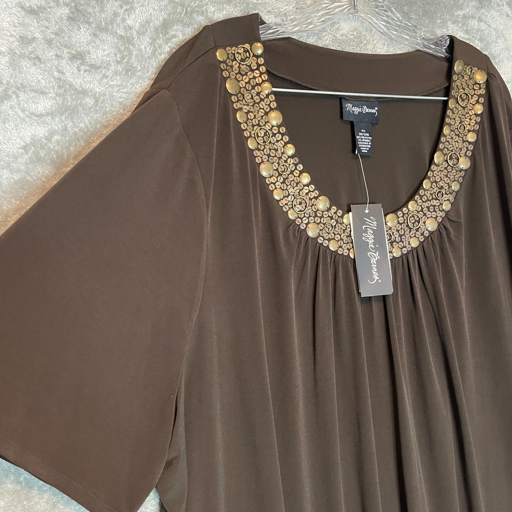 Maggie Barnes Women Embellished Knit Top 4X Plus NWT Brown Casual Classic Earthy